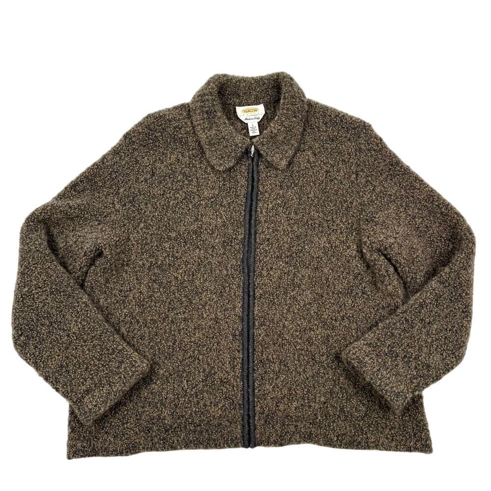 Talbots Petites Bouclé Wool Blend Zip Jacket Brown Tan Sweater Made in Italy L
